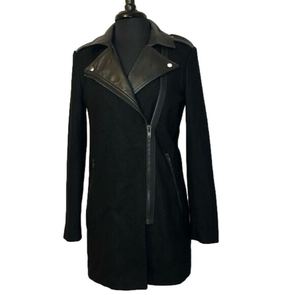 Buffalo David Bitton Black Mid Length Wool and Vegan Leather Asymmetrical Coat - Picture 1 of 7